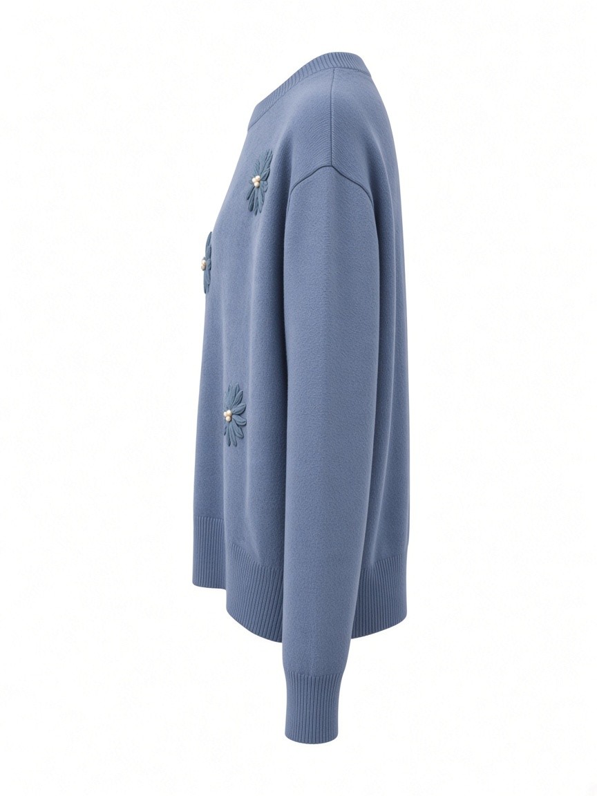 Dámsky pulóver s výšivkou kvietkov s perličkami COZY JEANS BLUE Modrá s.WEAR 2